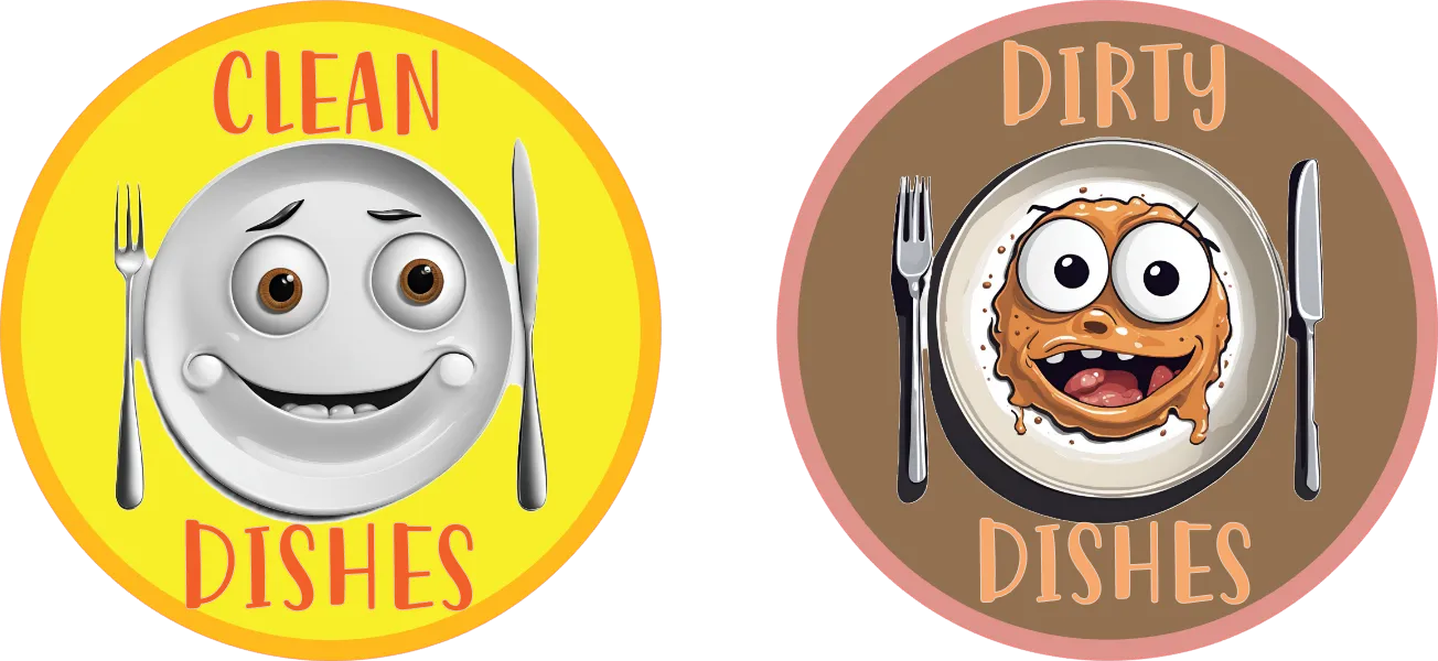 Two circular signs indicating 'Clean Dishes' and 'Dirty Dishes' with cartoon plates and utensils.