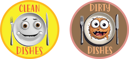 Two circular signs indicating 'Clean Dishes' and 'Dirty Dishes' with cartoon plates and utensils.