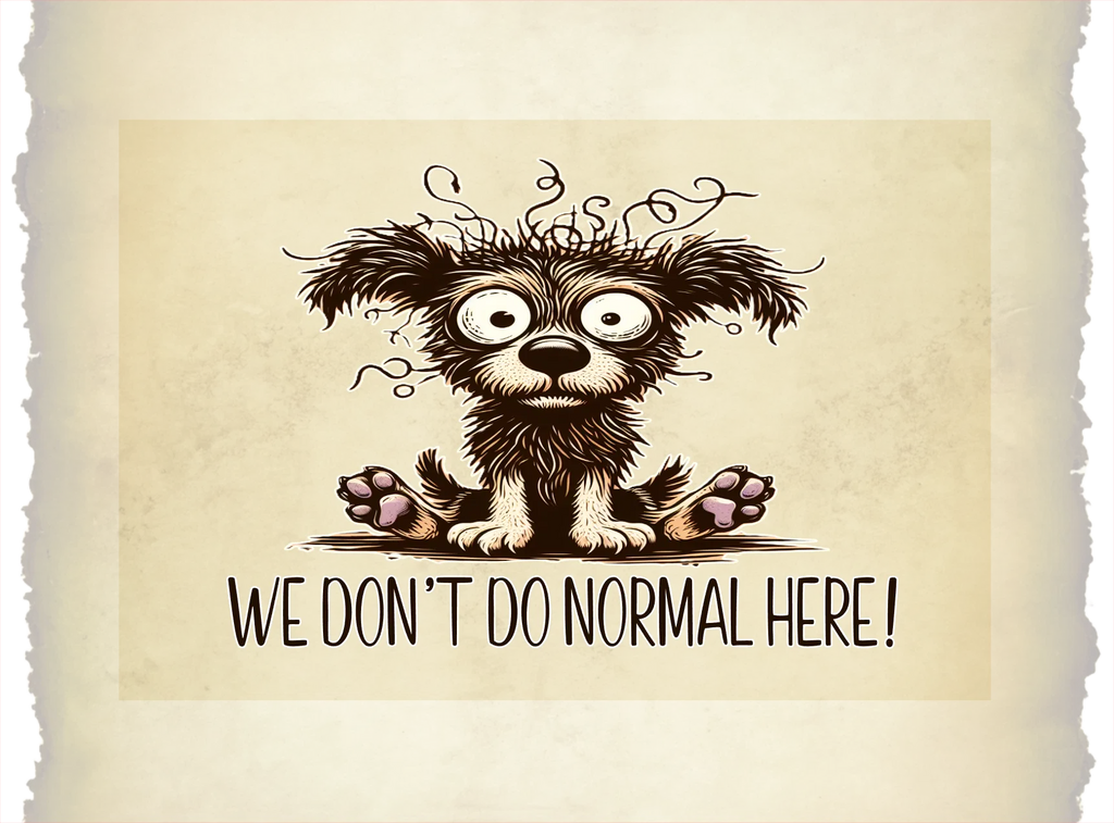 Cartoon dog with a unique design on a beige background with text 'WE DON'T DO NORMAL HERE!'.