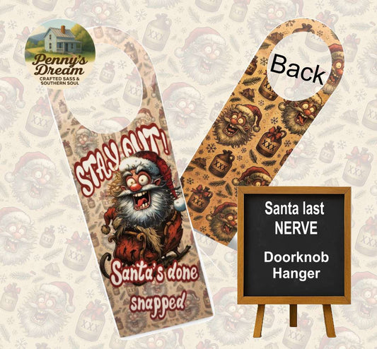 Two sides of a door hanger with a Santa Claus design and text, on a patterned background.