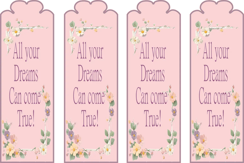 Four pink bookmarks with floral designs and text on a white background