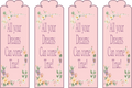 Four pink bookmarks with floral designs and text on a white background