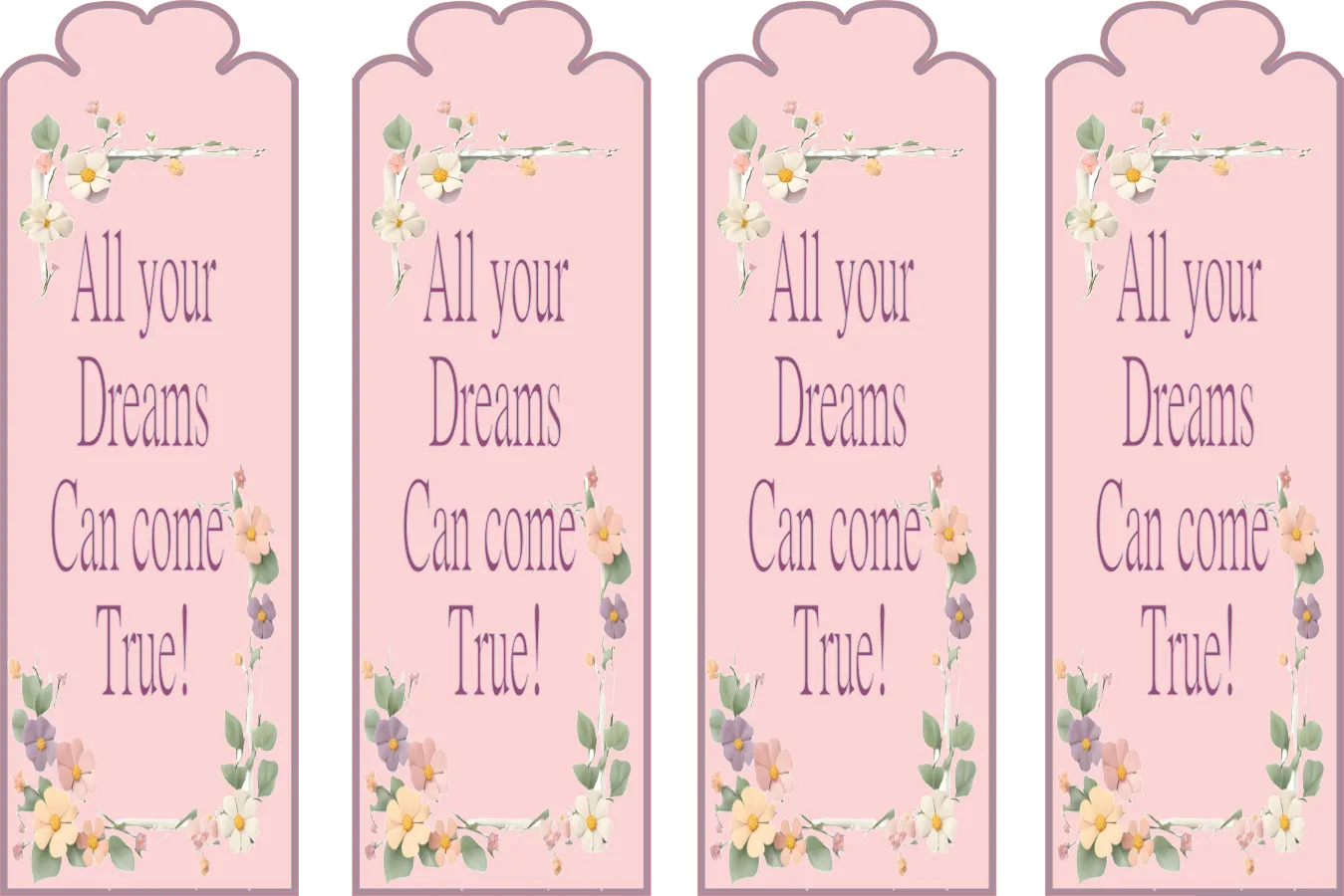 Four pink bookmarks with floral designs and text on a white background