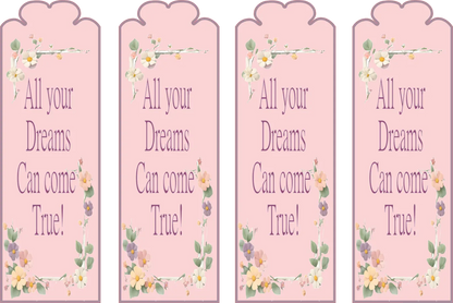 Four pink bookmarks with floral designs and text on a white background