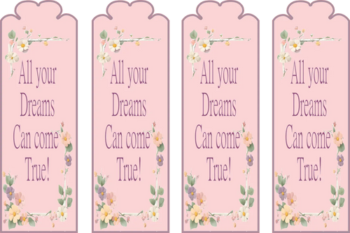 Four pink bookmarks with floral designs and text on a white background