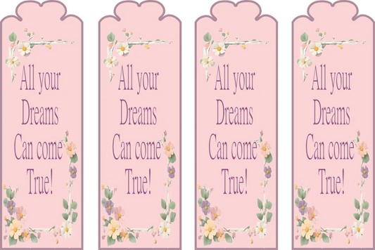 Four pink bookmarks with floral designs and text on a white background