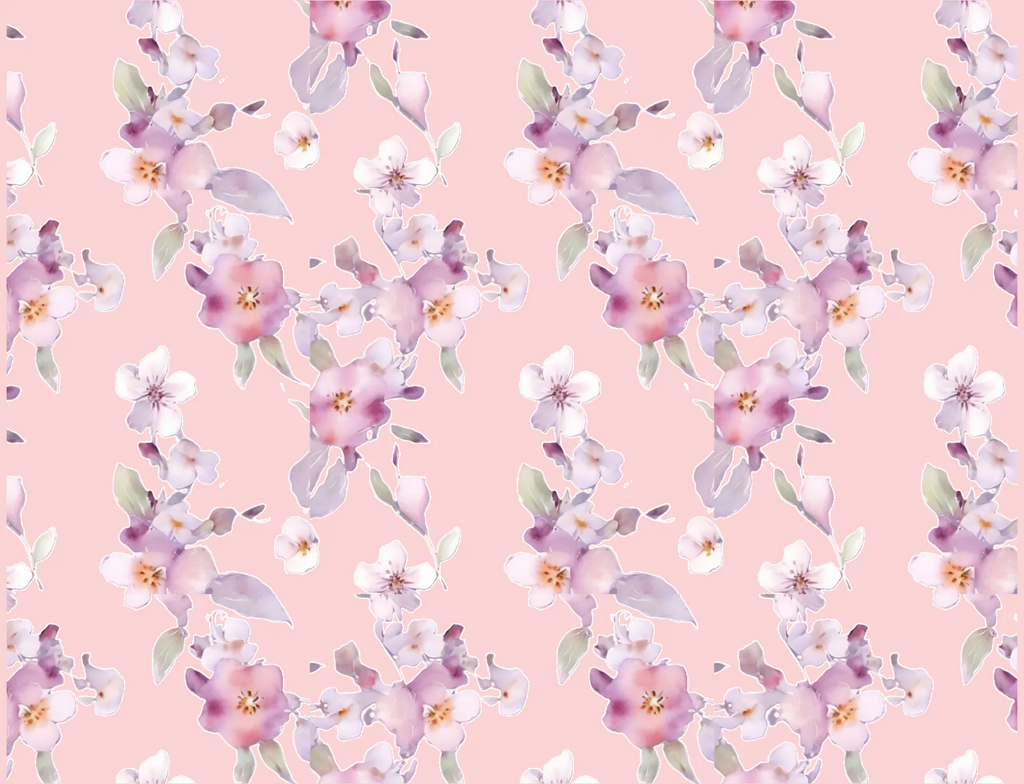 Floral pattern with purple and white flowers on a pink background