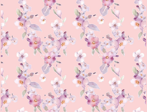 Floral pattern with purple and white flowers on a pink background