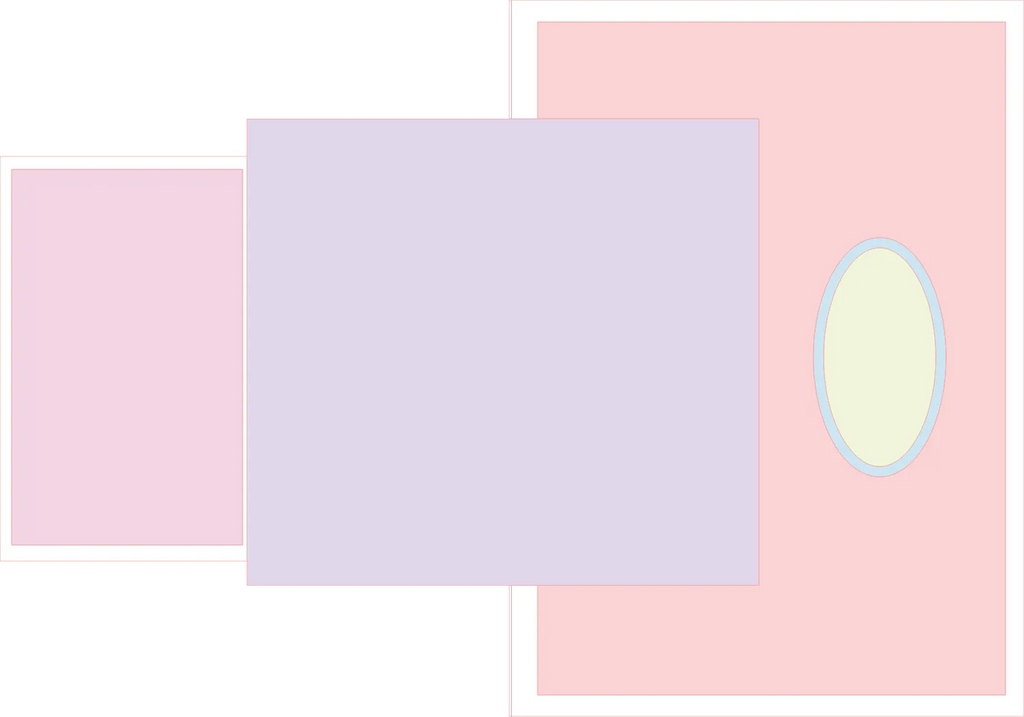 Three pastel-colored shapes on a pink background
