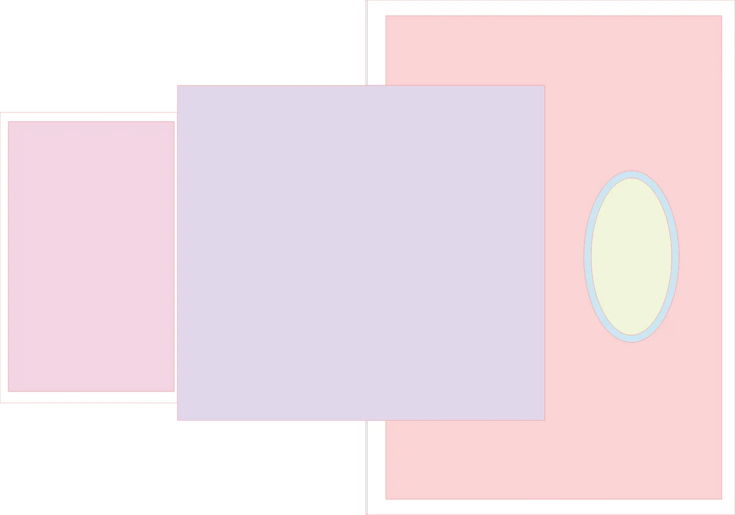 Three pastel-colored shapes on a pink background