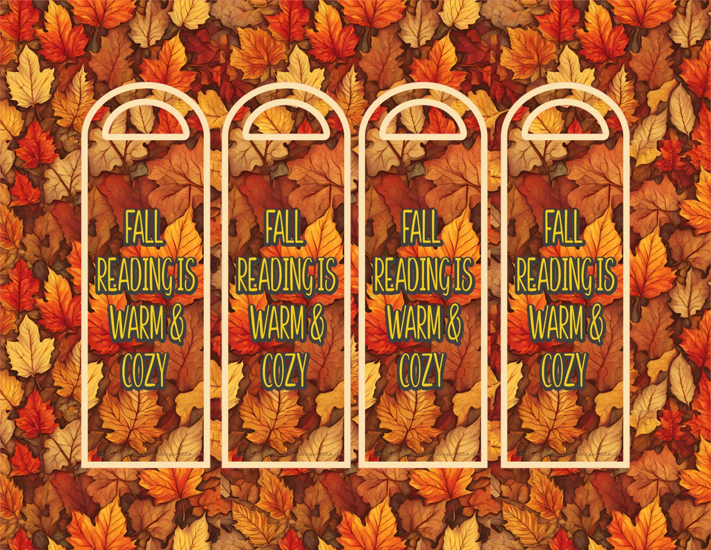 Four arched book-shaped labels with rounded tops, outlined in white, each containing the phrase 'FALL READING IS WARM & COZY' in green text over a background of overlapping autumn leaves in orange, red, yellow, and brown.