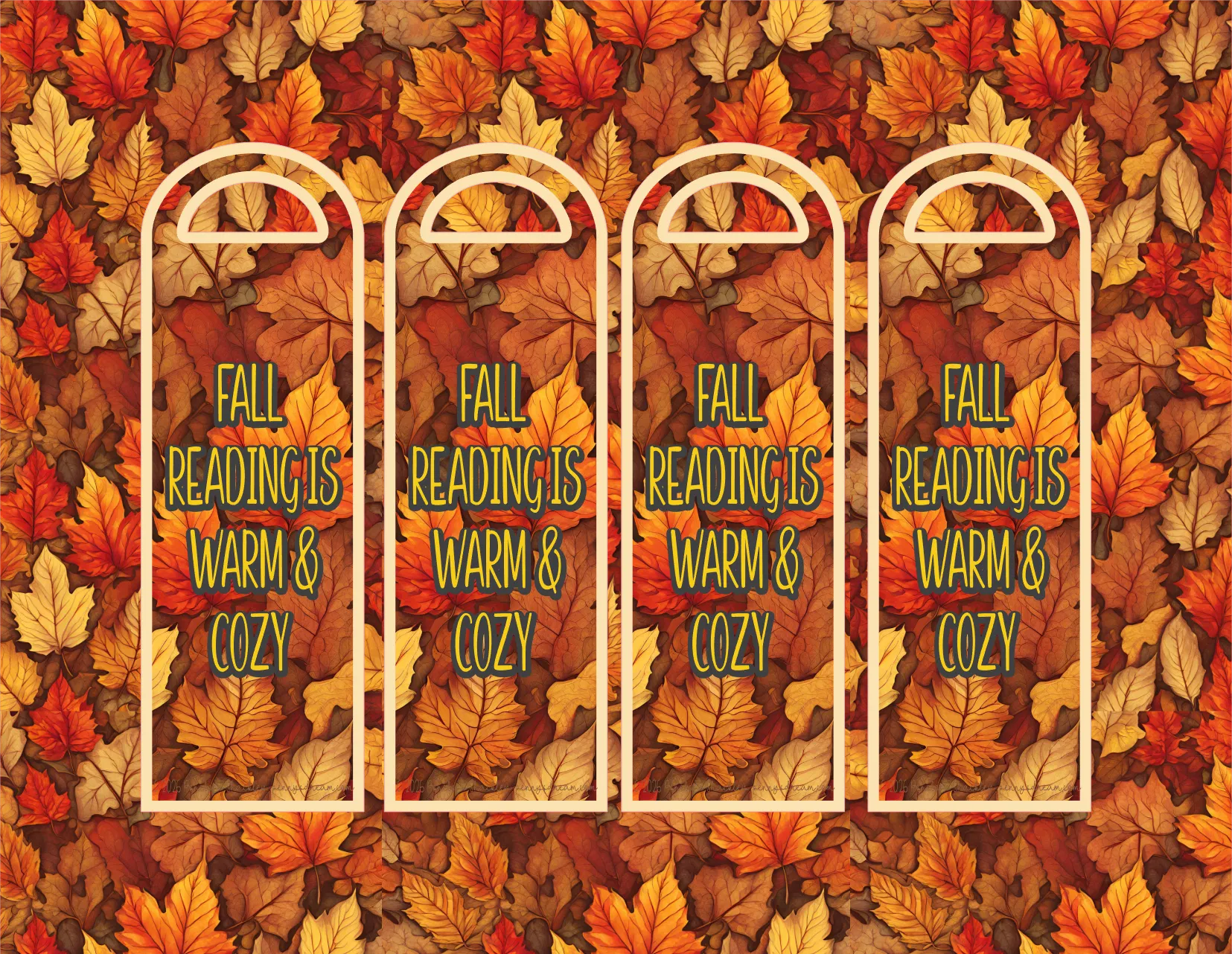Four arched book-shaped labels with rounded tops, outlined in white, each containing the phrase 'FALL READING IS WARM & COZY' in green text over a background of overlapping autumn leaves in orange, red, yellow, and brown.