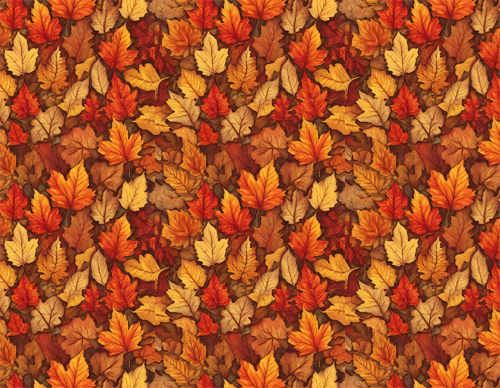 A dense pattern of overlapping autumn maple leaves in warm fall colors including orange, red, yellow, and brown.