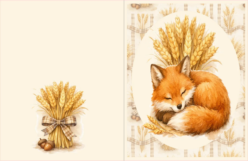 A warm autumn-themed illustration featuring a sleeping fox curled up among golden wheat stalks, with a matching small wheat bundle tied with a plaid ribbon on the left. The artwork uses soft cream, tan, orange, and brown tones.