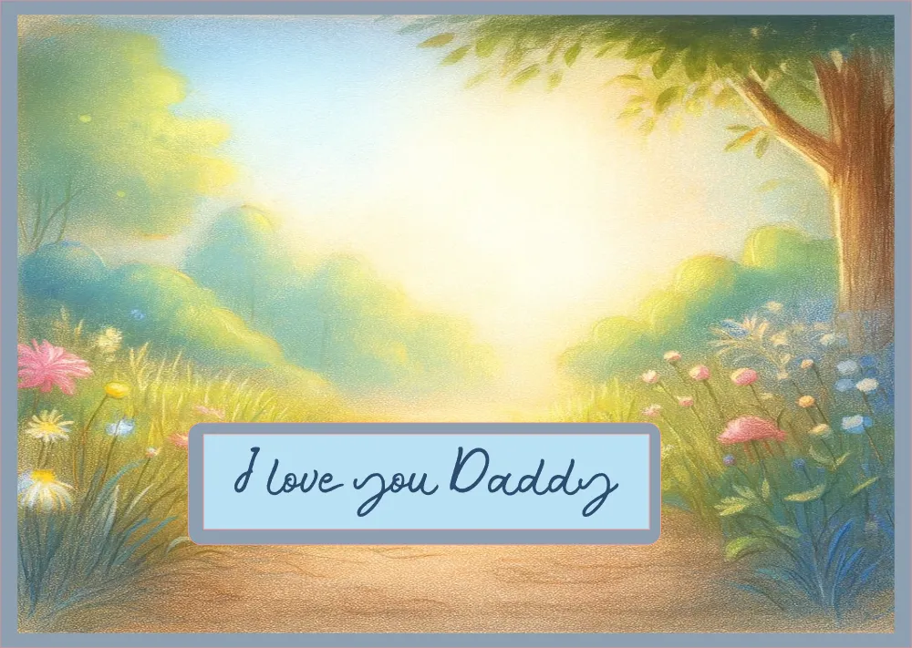 Scenic landscape with 'I love you Daddy' text on a wooden sign
