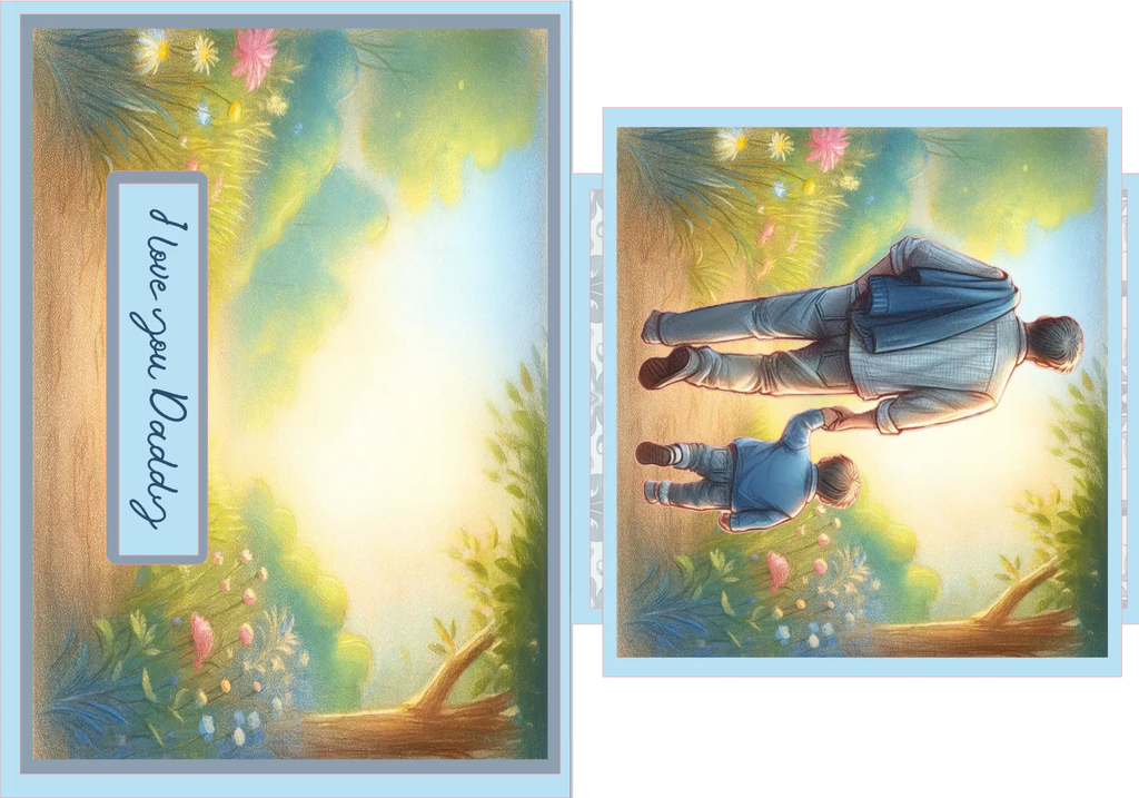 Greeting card with a father and child holding hands in a garden, surrounded by flowers and leaves, with 'I love you Daddy' text.