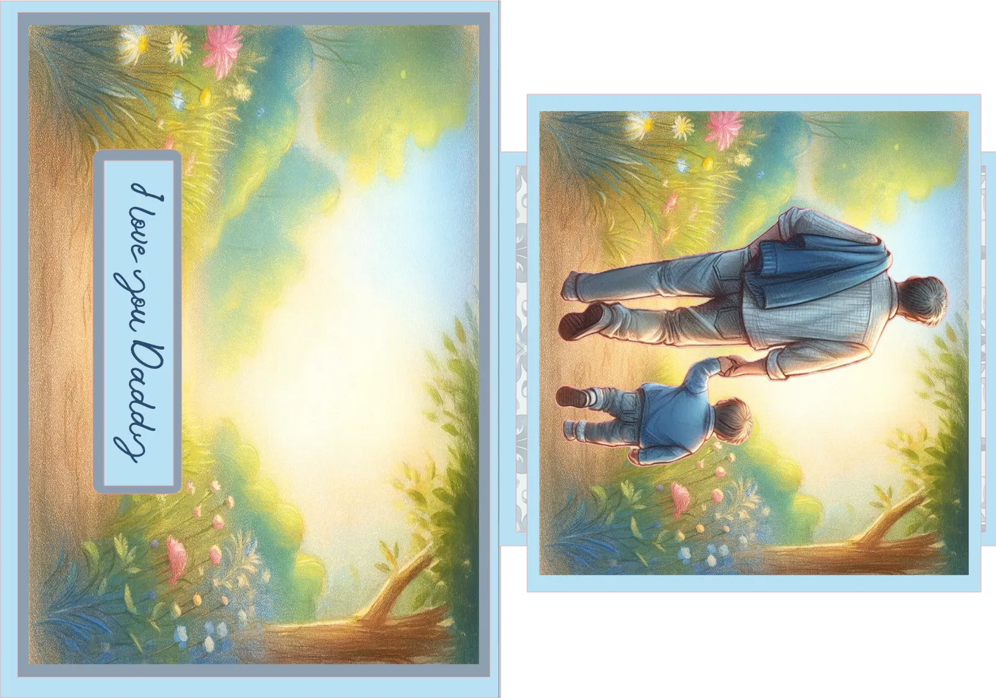 Greeting card with a father and child holding hands in a garden, surrounded by flowers and leaves, with 'I love you Daddy' text.