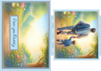 Greeting card with a father and child holding hands in a garden, surrounded by flowers and leaves, with 'I love you Daddy' text.