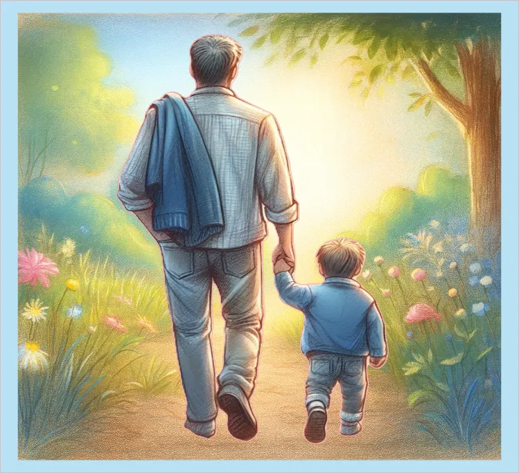 Illustration of a man and a child walking together in a garden.