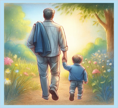 Illustration of a man and a child walking together in a garden.