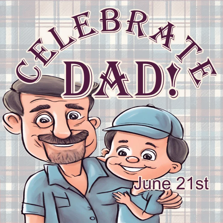 Cartoon illustration of a man and a child with 'Celebrate Dad!' text on a plaid background