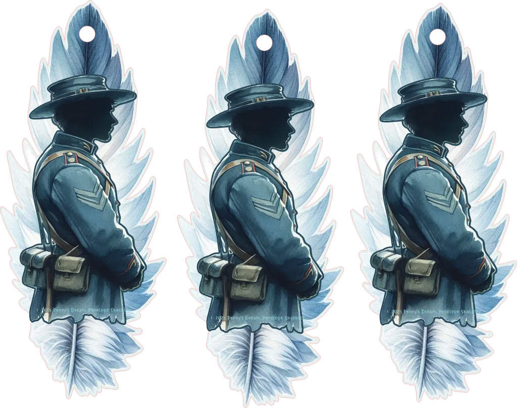 Three identical decorative items featuring a silhouette of a person in uniform with wings on a white background.