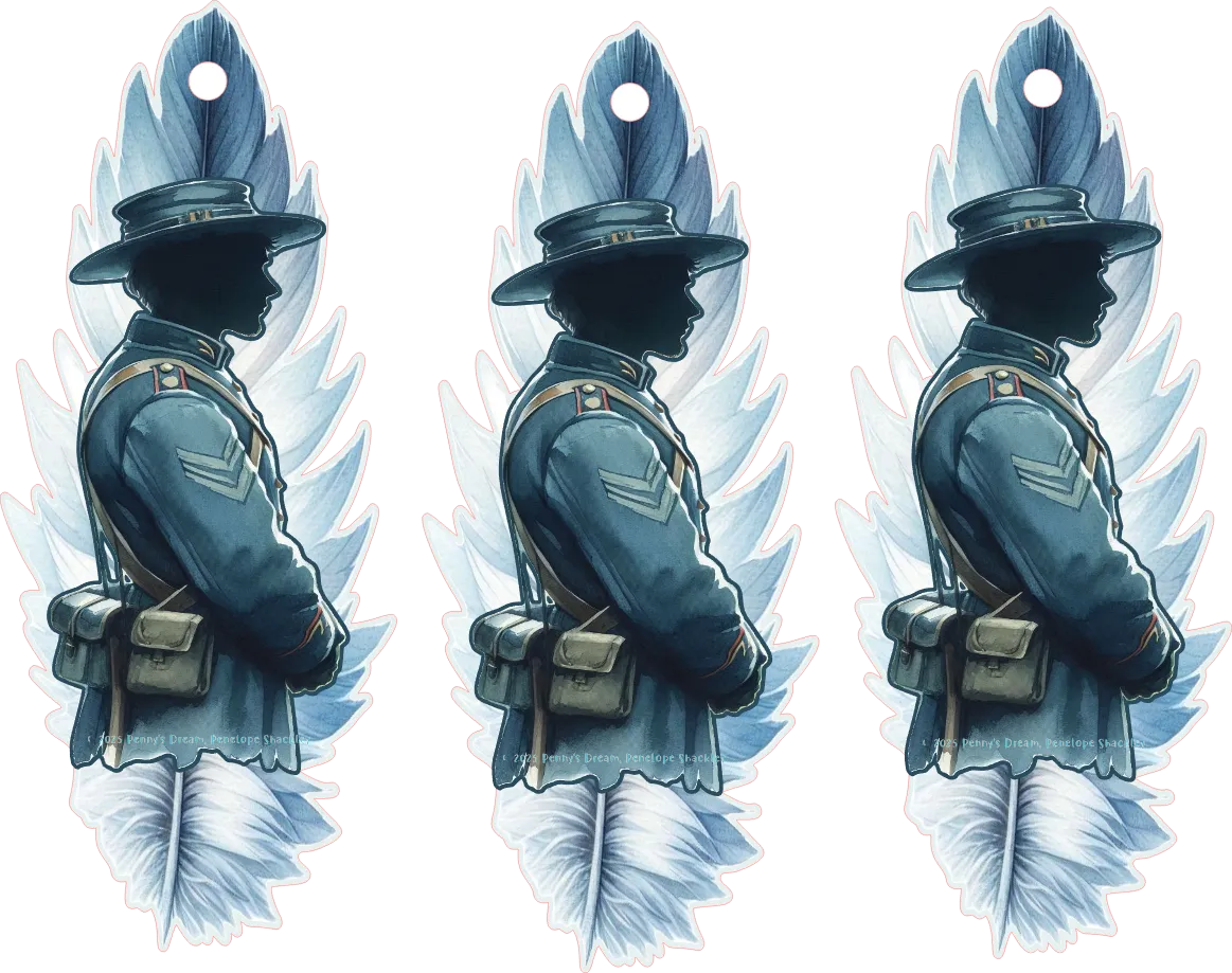 Three identical decorative items featuring a silhouette of a person in uniform with wings on a white background.