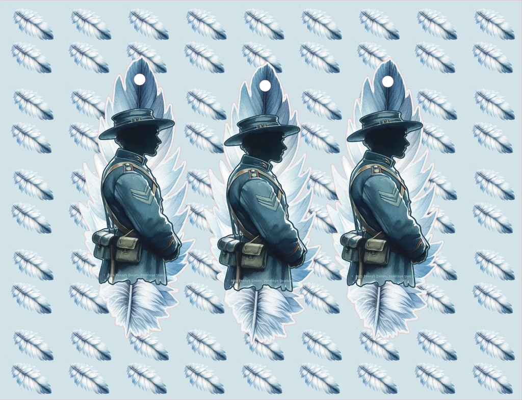 Three identical silhouettes of a person in uniform against a patterned background