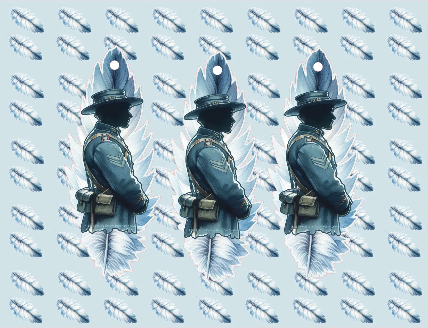 Three identical silhouettes of a person in uniform against a patterned background