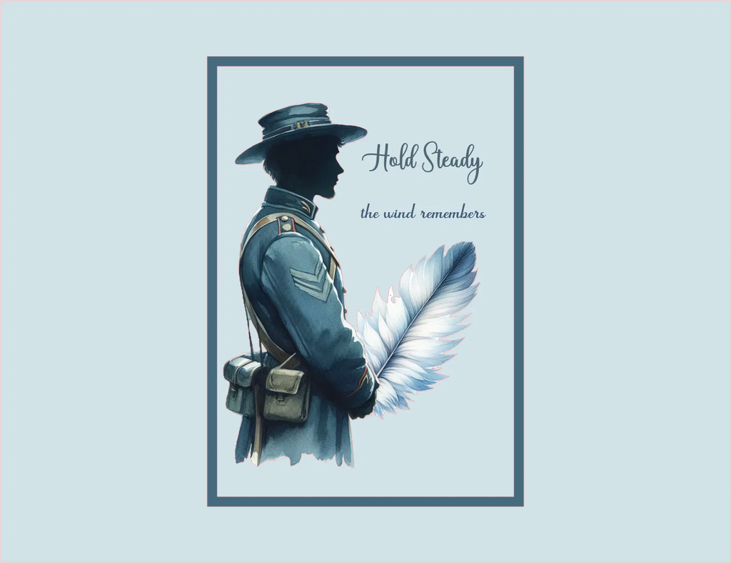 Illustration of a person in military attire with a feather, framed by text on a light blue background