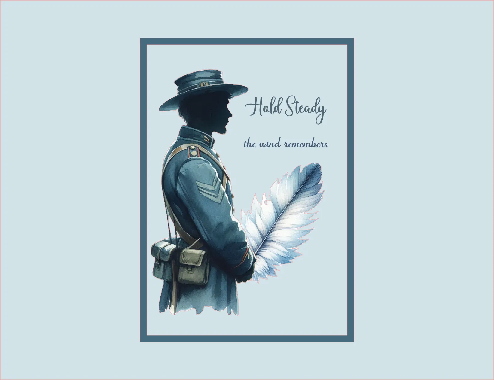 Illustration of a person in military attire with a feather, framed by text on a light blue background