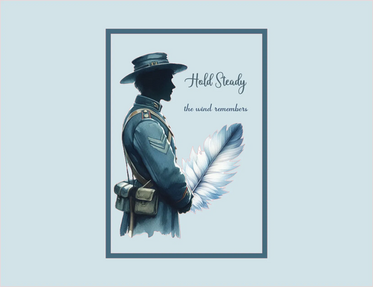 Illustration of a person in military attire with a feather, framed by text on a light blue background