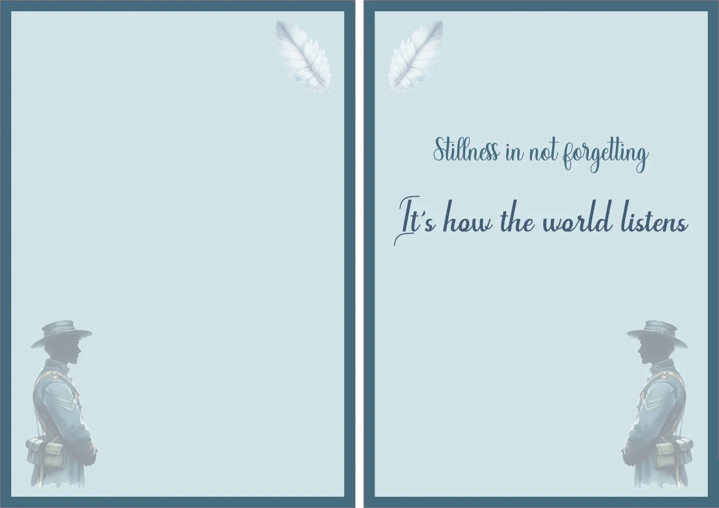 Silhouette of a person with a hat on a light blue background with text.