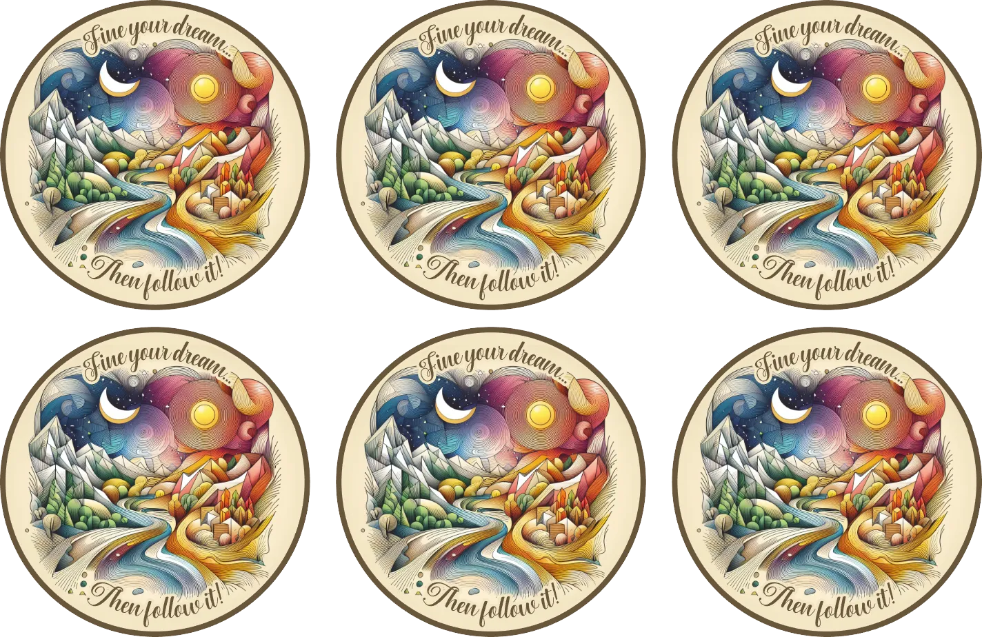 Set of six circular stickers with artistic designs and motivational text.