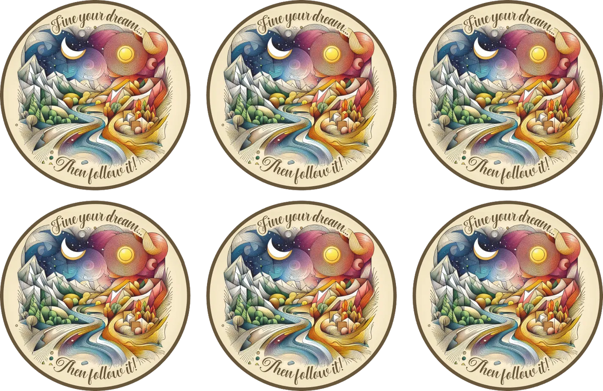 Set of six circular stickers with artistic designs and motivational text.