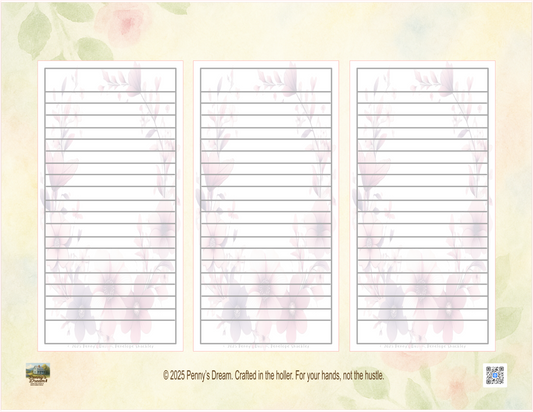 Three lined pages on a floral background with 'Penny's Dream' branding.