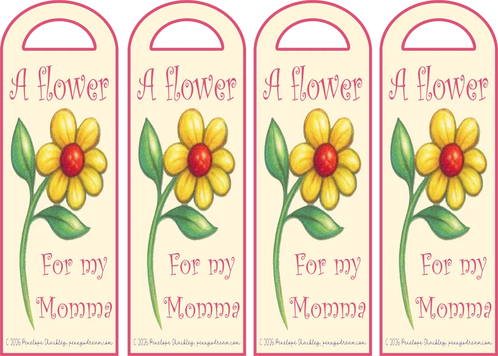 Four identical bookmarks with a flower illustration and text on a light background