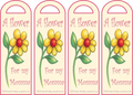 Four identical bookmarks with a flower illustration and text on a light background