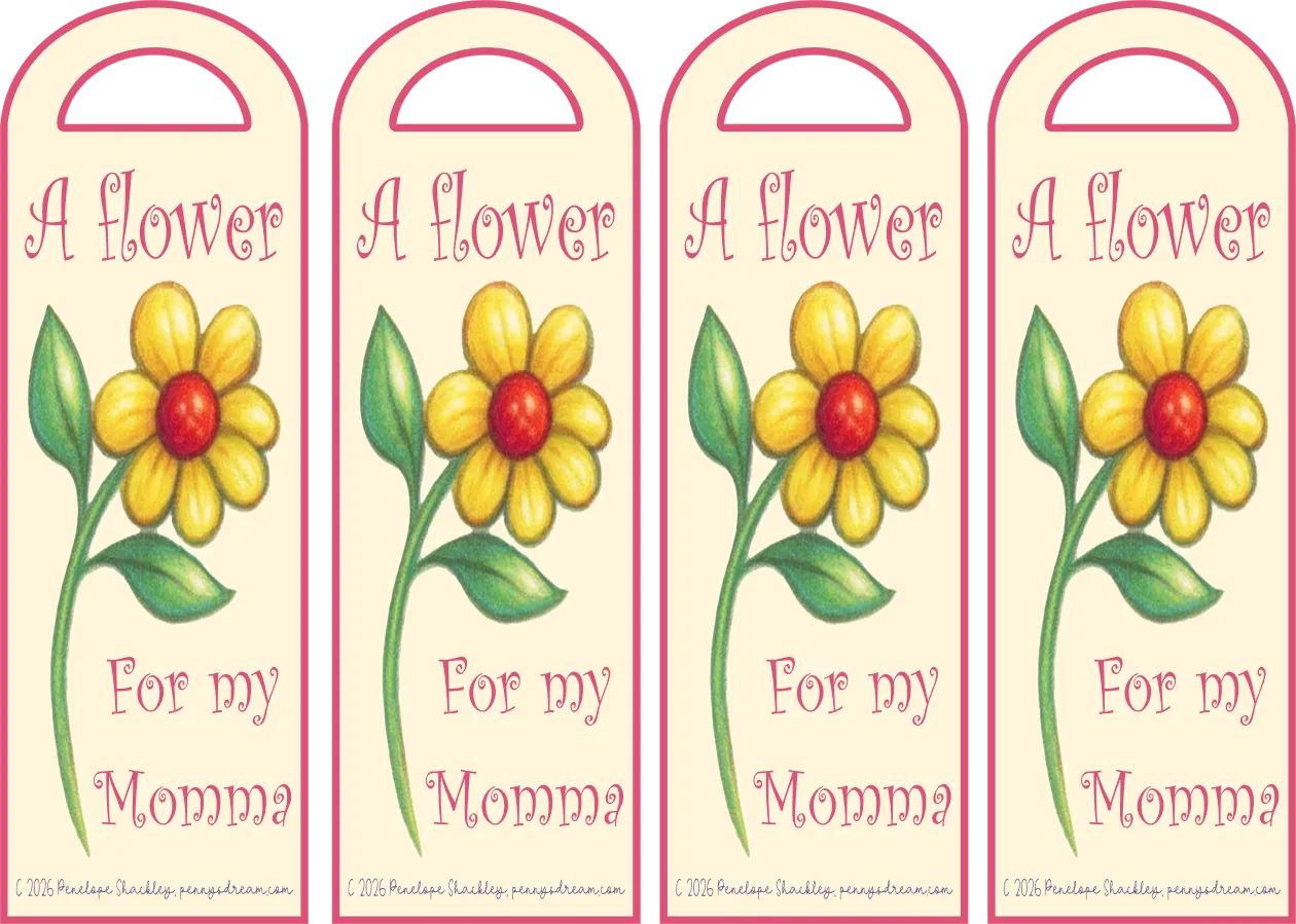 Four identical bookmarks with a flower illustration and text on a light background