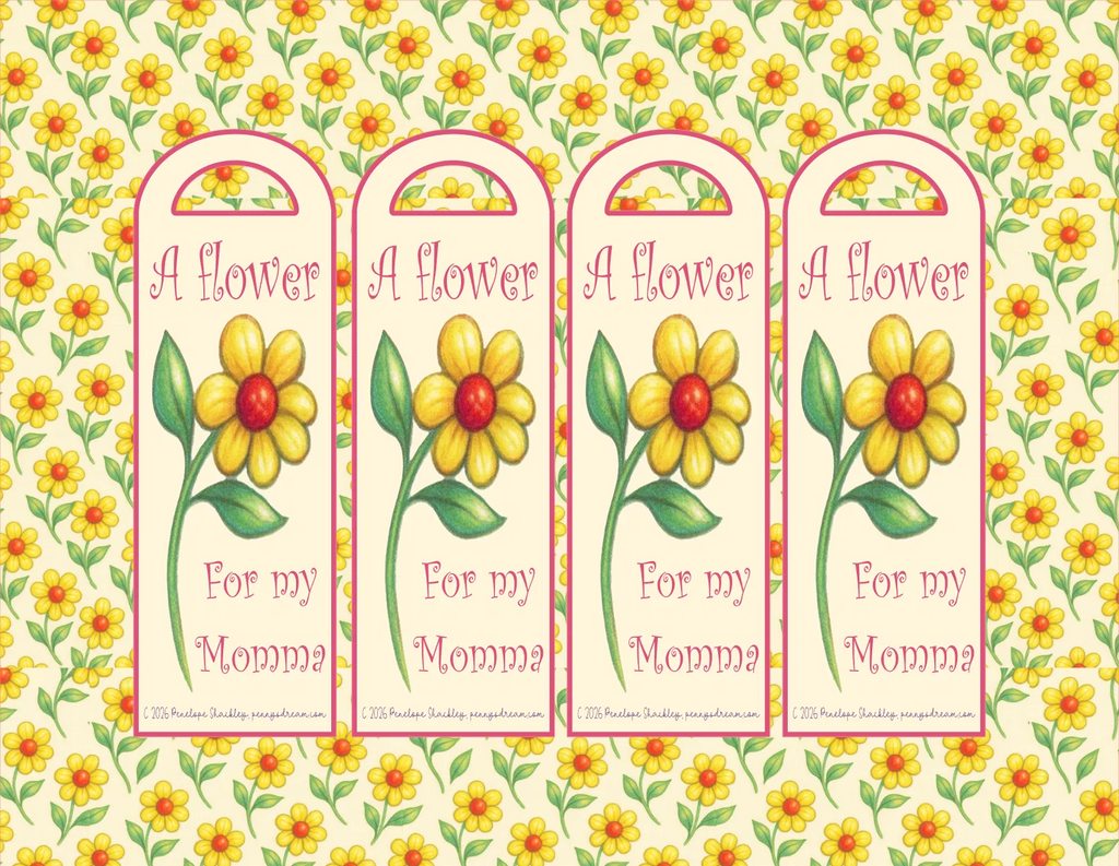 Four identical flower-themed bookmarks with text on a floral background