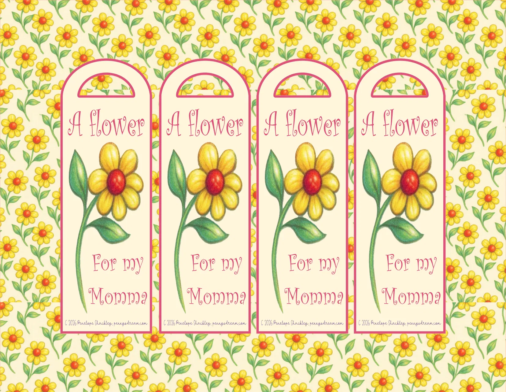 Four identical flower-themed bookmarks with text on a floral background