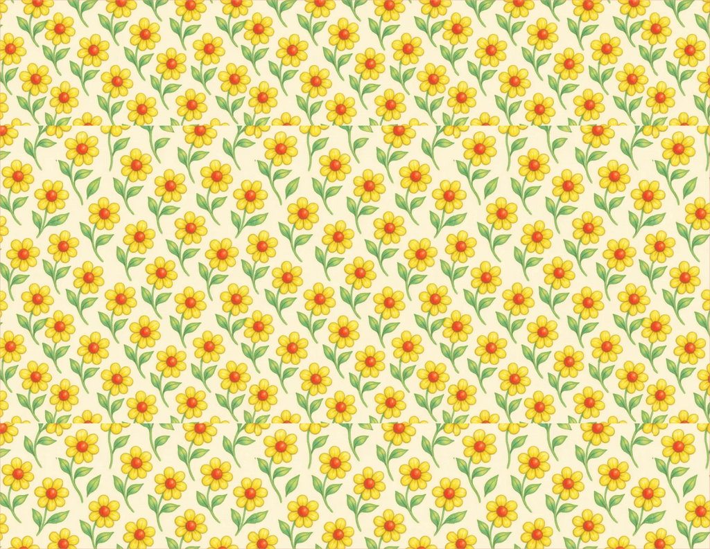 Pattern of small yellow flowers with green leaves on a light beige background