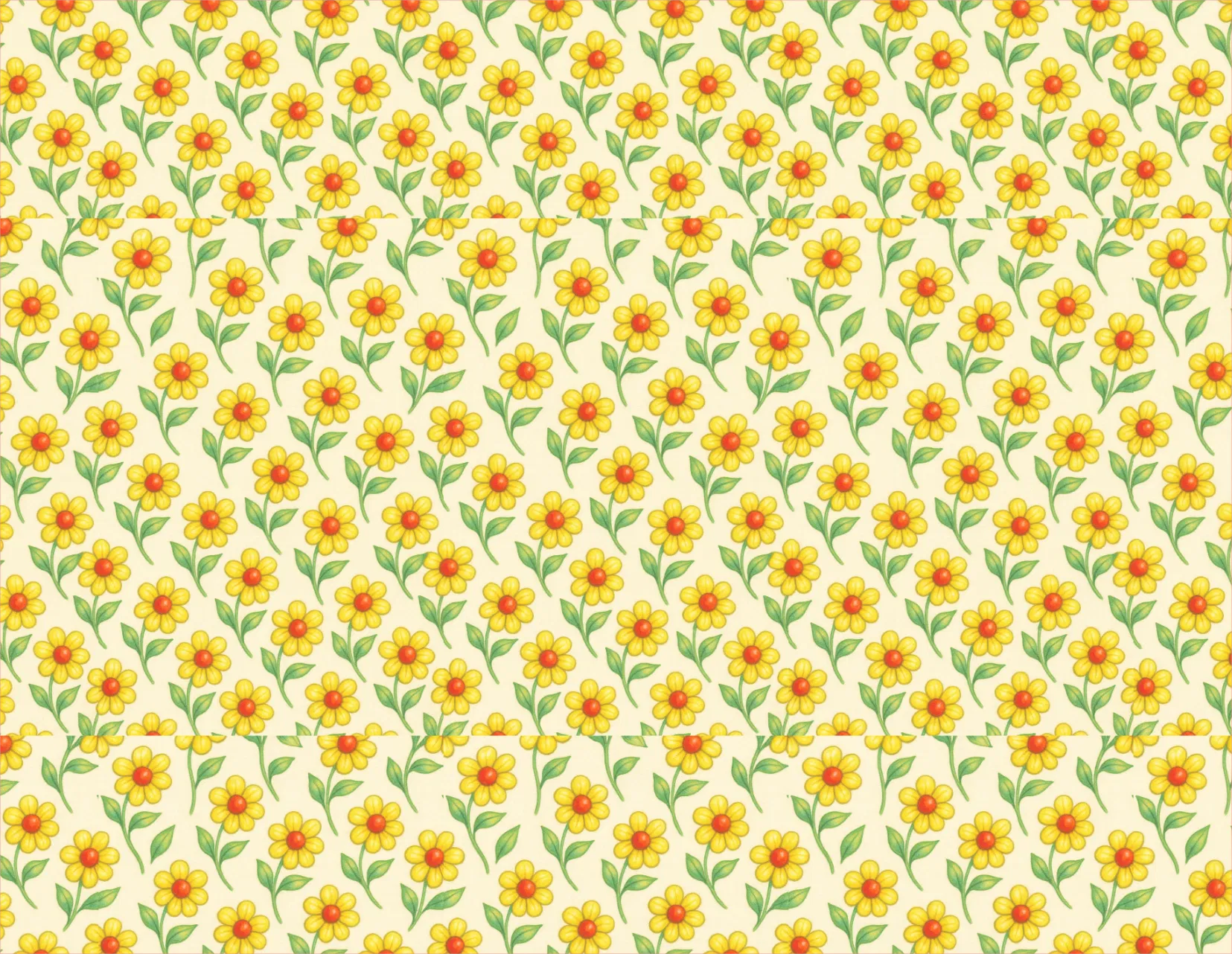 Pattern of small yellow flowers with green leaves on a light beige background