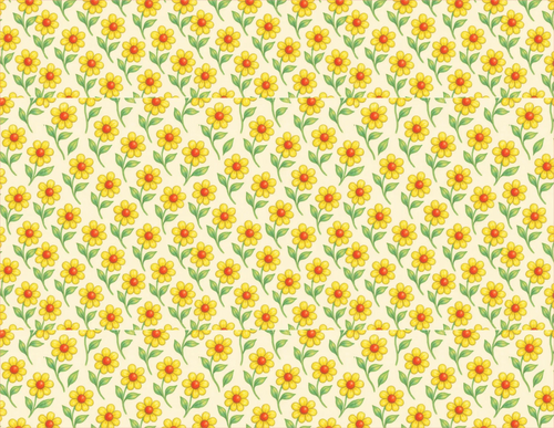 Pattern of small yellow flowers with green leaves on a light beige background