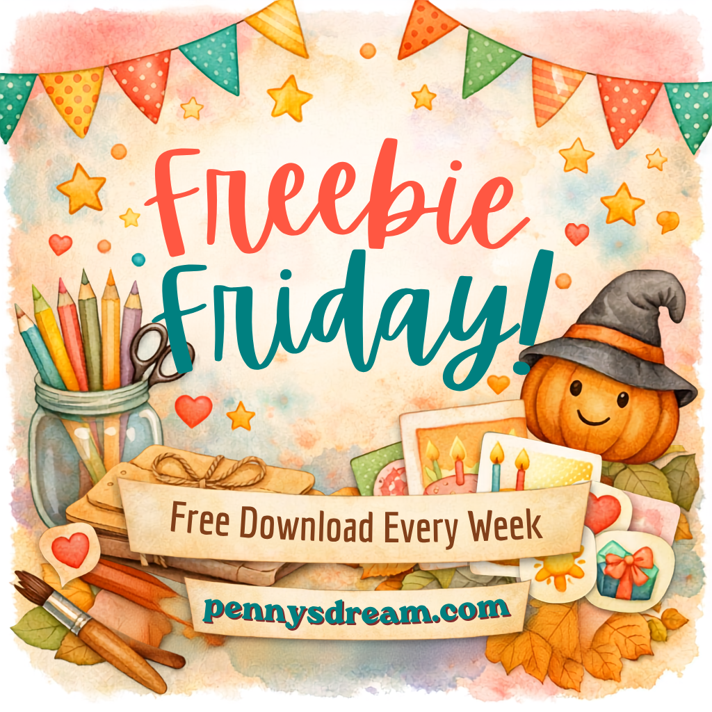Watercolor-style promotional graphic reading 'Freebie Friday!' with 'Free Download Every Week' and 'pennysdream.com' on banners, surrounded by fall and craft-themed illustrations including a pumpkin in a witch hat, pencils in a jar, stars, hearts, and bunting.