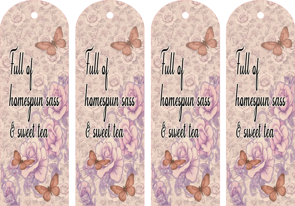 Four identical decorative bookmarks with butterfly designs and text on a floral patterned background.