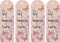 Four identical decorative bookmarks with butterfly designs and text on a floral patterned background.