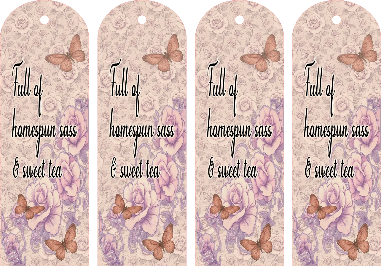 Four identical decorative bookmarks with butterfly designs and text on a floral patterned background.