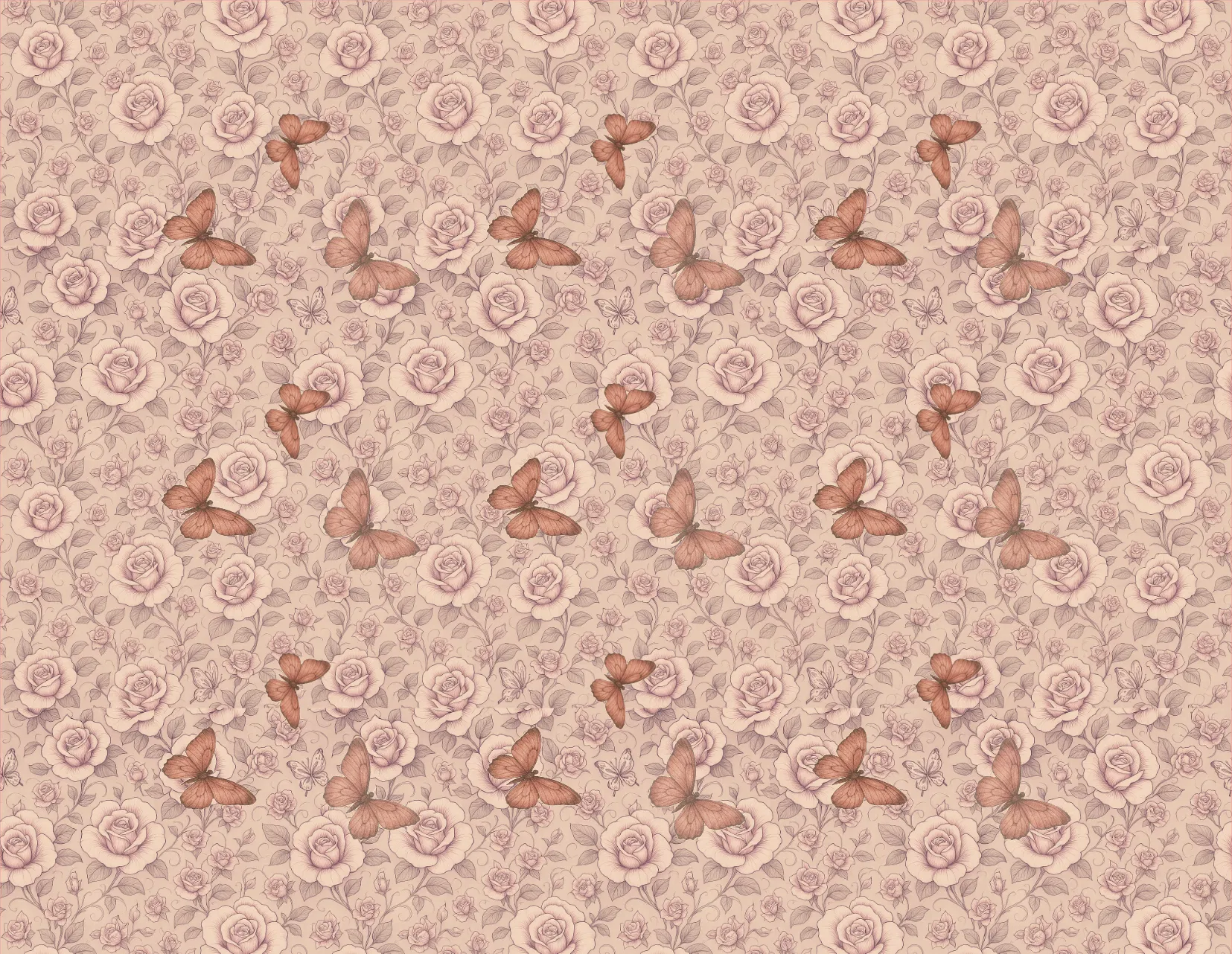 Pattern of butterflies and roses on a pink background