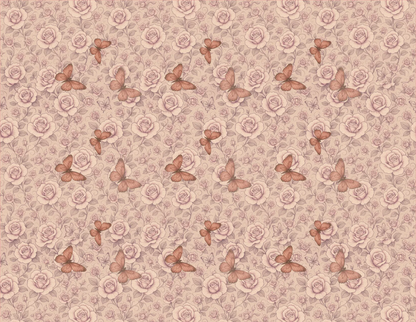Pattern of butterflies and roses on a pink background